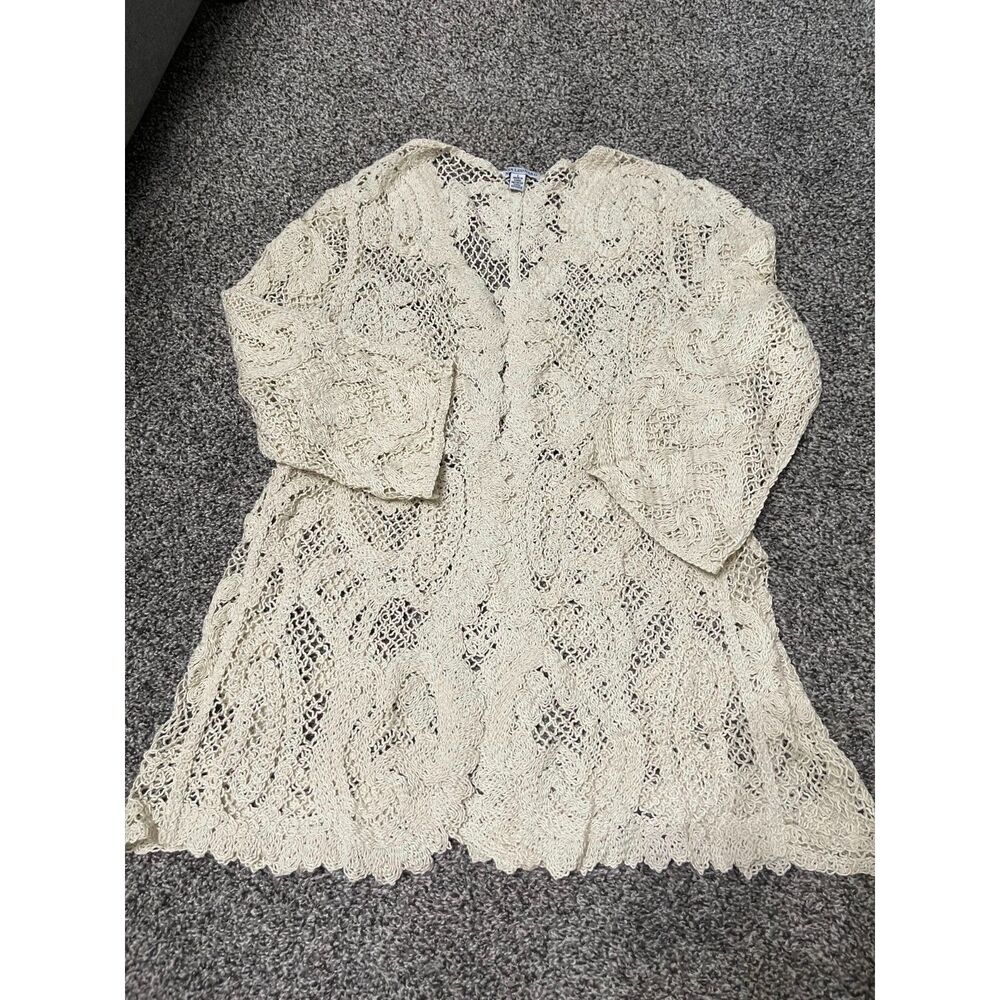 New Nina Leonard Cream 3/4 Bell-Sleeve Open Front Crochet Cardigan L